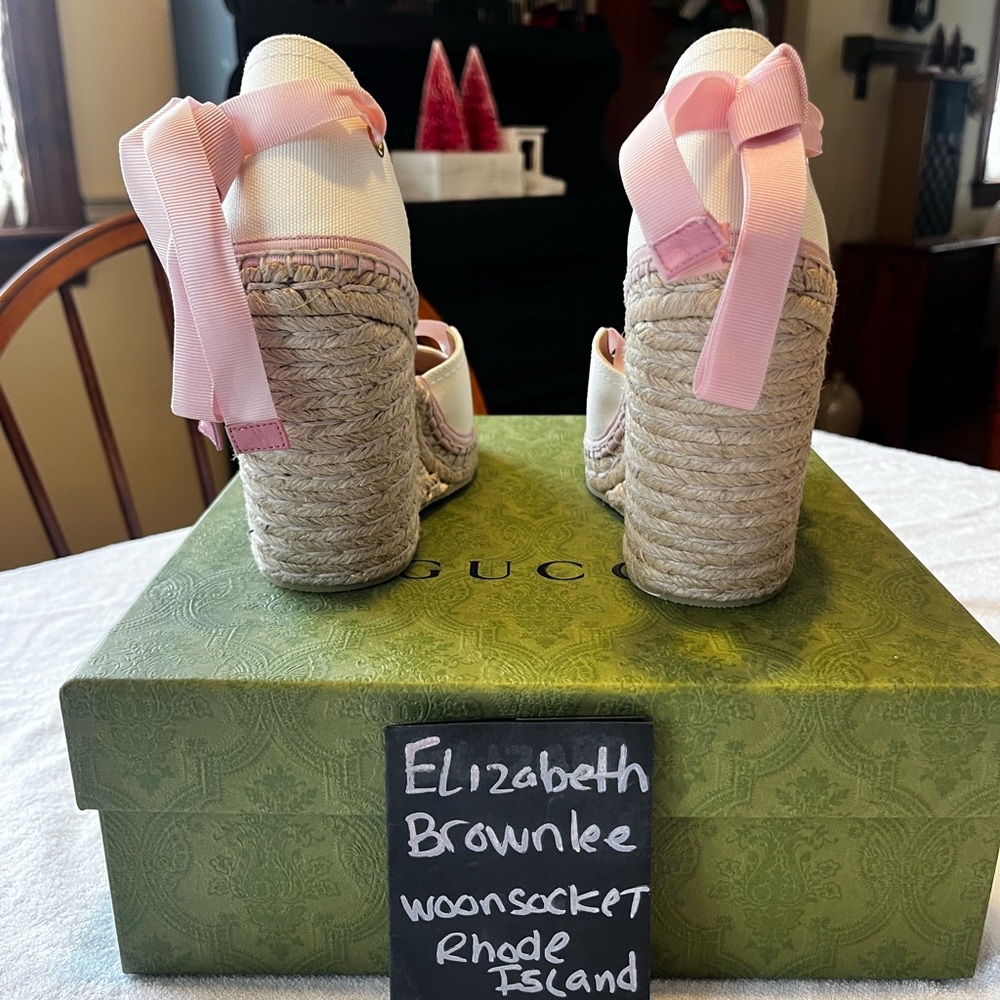 Gucci women’s interlocking G white and pink wedge espadrille ribbon tie BNIB - Picture 4 of 7